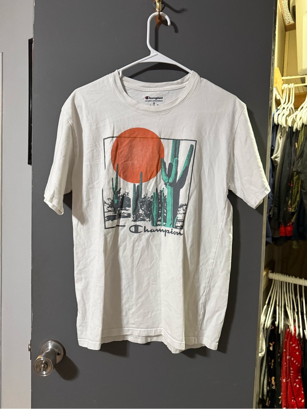 Champion White Short Sleeve T-Shirt with Orange Sun & Green Cactus Graphic